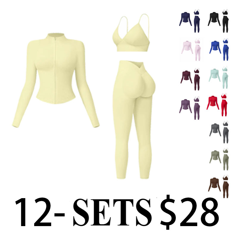 Women's 3-Piece Activewear Set – Criss Cross Crop Top, High Waist Leggings & Zip Up Jacket
