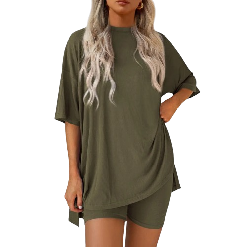 Women's Summer Two-Piece Lounge Set – Oversized Top & Biker Shorts, Soft & Comfy