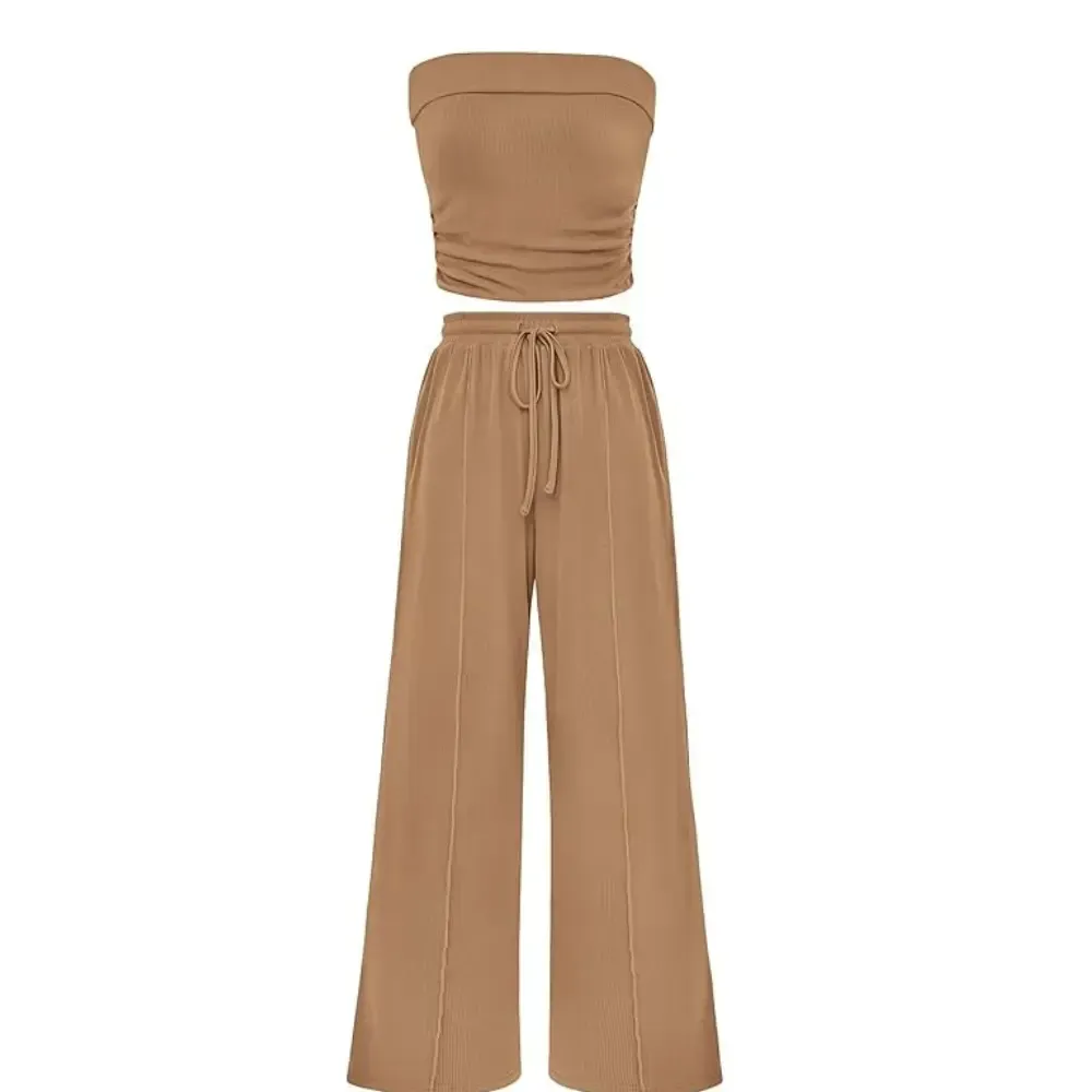 Womens Summer Outfits 2 Piece Sets Casual Ribbed Knit Crop Tube Top Wide Leg Pants