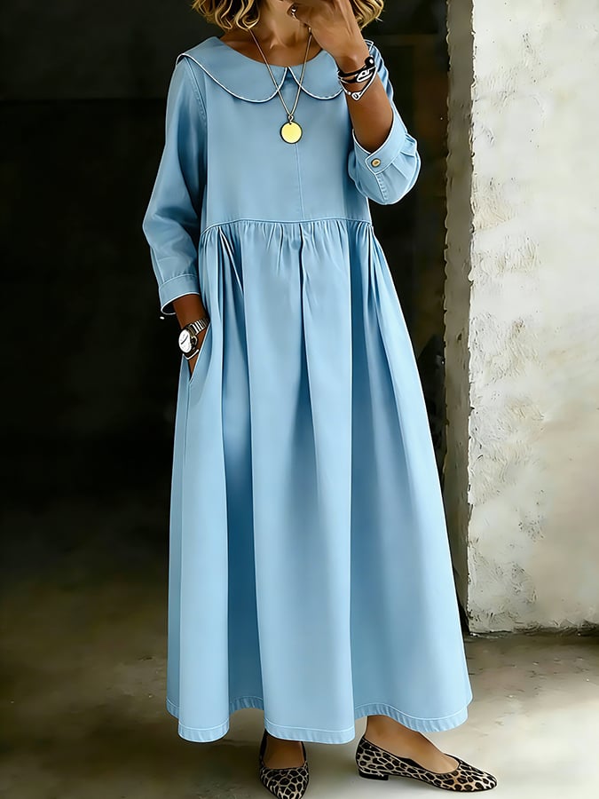 Women's Retro Solid Color Design Lapel Pocket Casual Dress- Fast Shipping
