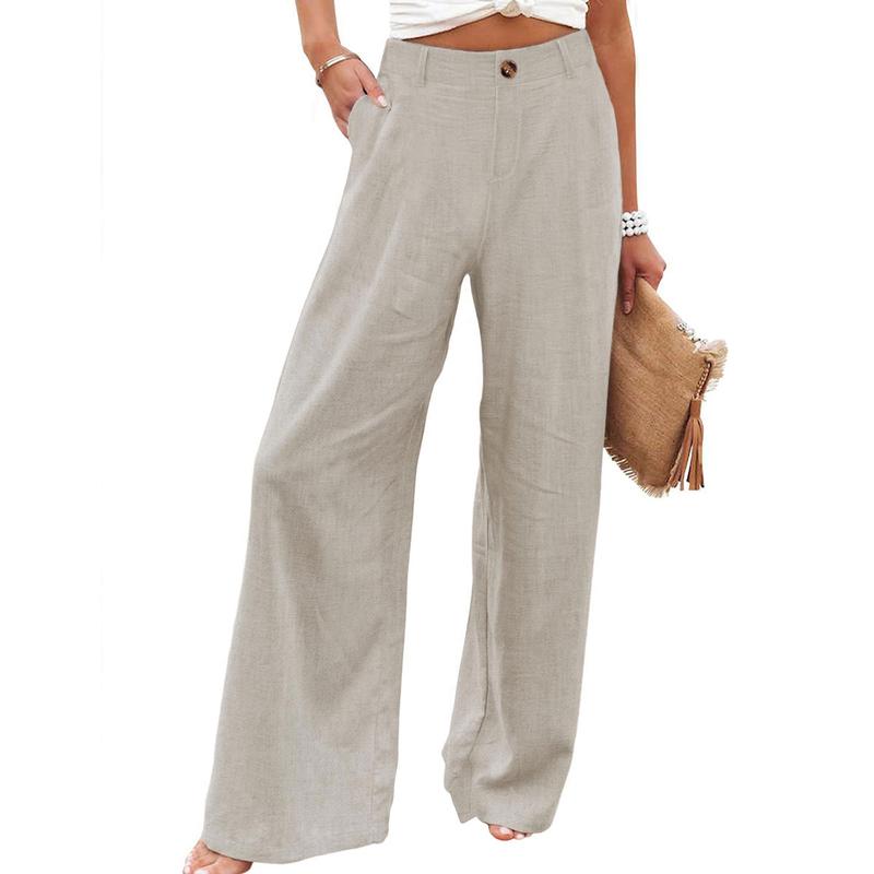 Womens Cotton Linen Pants Casual Button Up High Waisted Wide Leg Trousers Wideleg Loose Womenswear Apricot