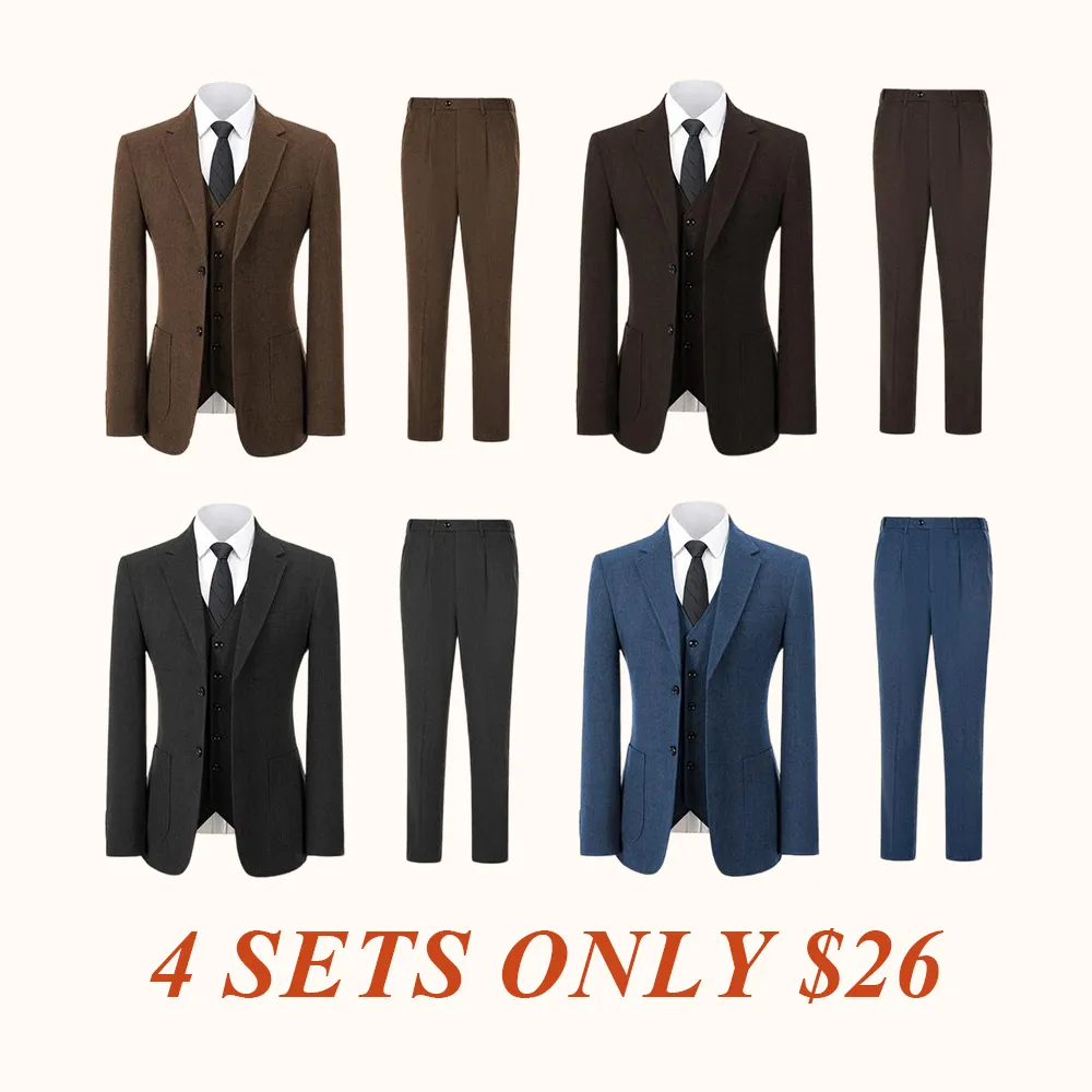 Men's Retro 3-Piece Tweed Herringbone Suit Set Two-Buttons Blazer Vest Pants Autumn New Arrival Formal Business Attire