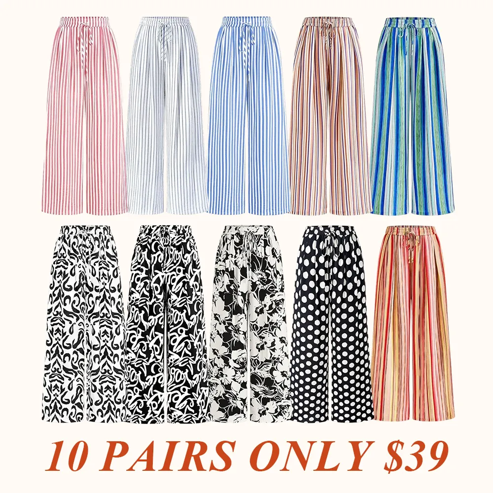 Women's Pants Elastic Waist Striped Lightweight Palazzo Trousers With Pockets Casual Lounge Wide Leg Bottoms
