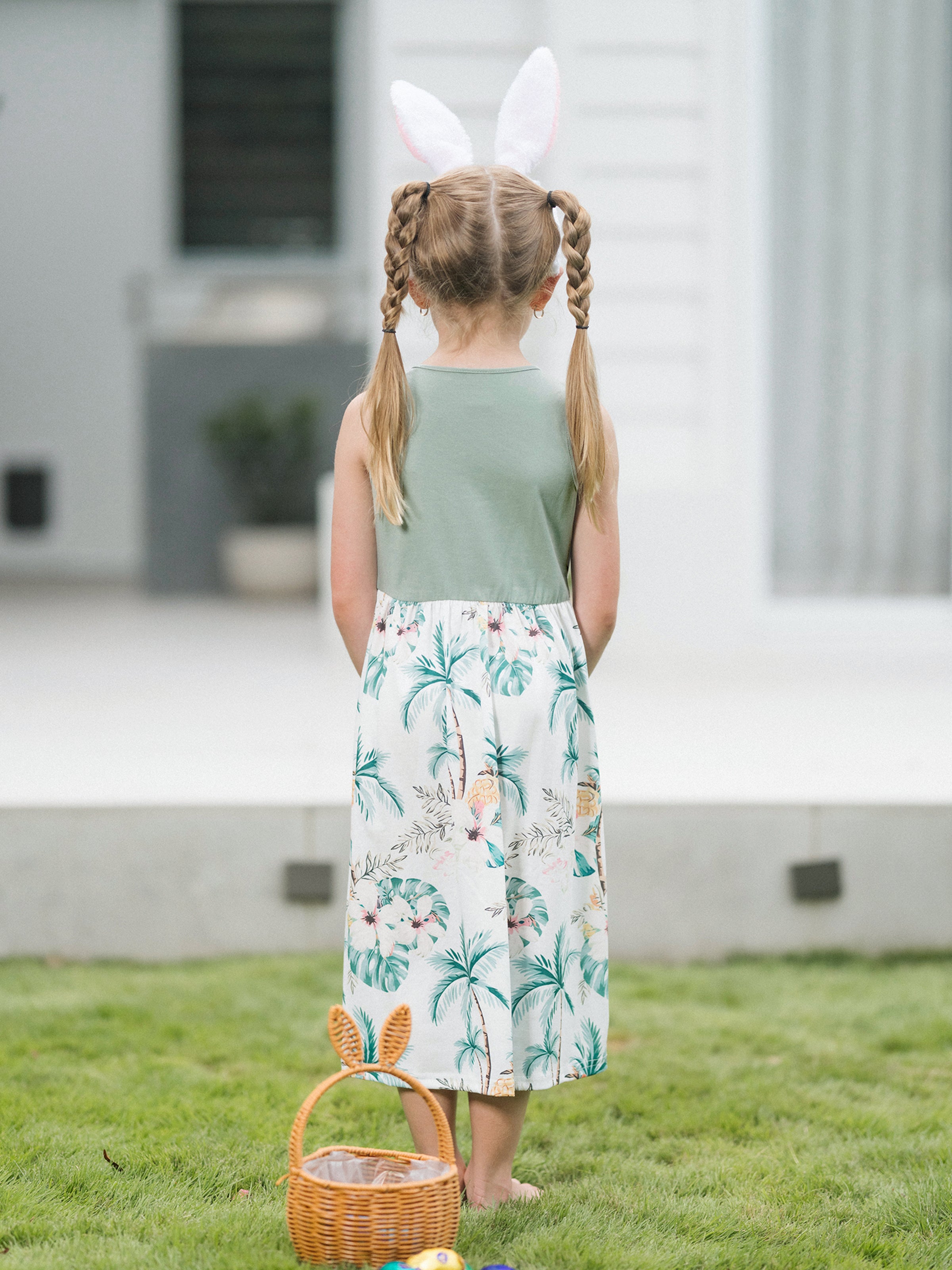 Family Matching Tropical Print Outfits Mommy & Me Tank Dress & Dad/Kids Cotton T-Shirt Set
 Green