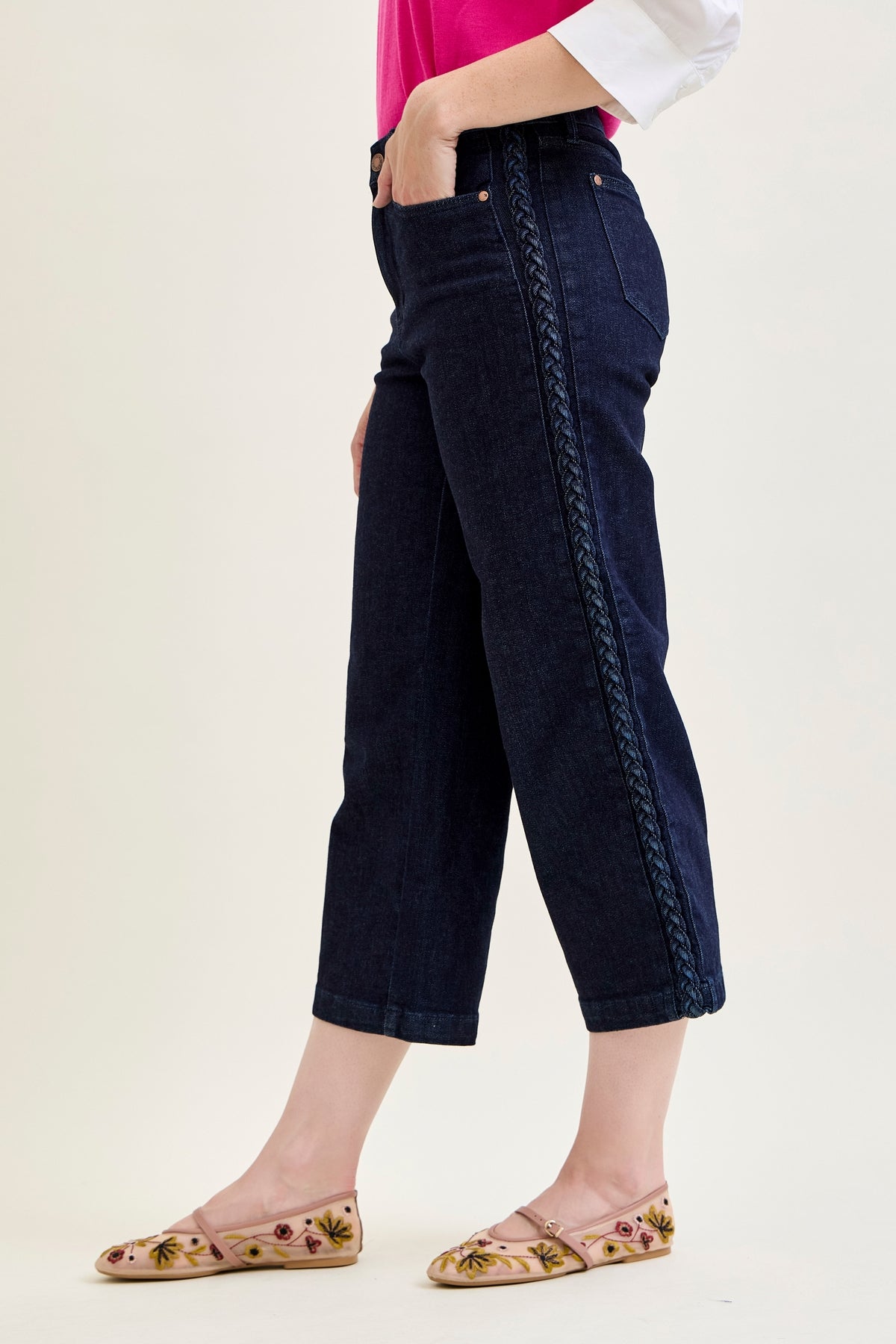 Dottie Side Seam Braid Cropped Wide Leg Jeans