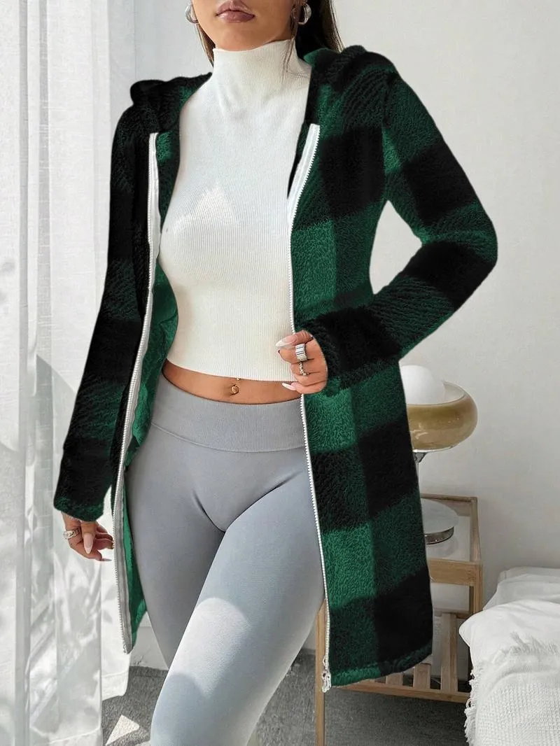 Women's Plaid Fleece Long Sleeve Hooded Coat