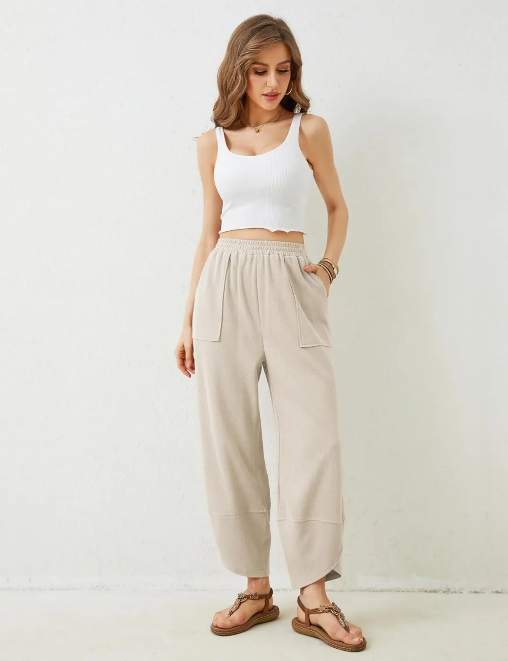 Women's Wide Leg Harem Pants Casual Palazzo Pants with Pockets High Waist Relaxed Fit
