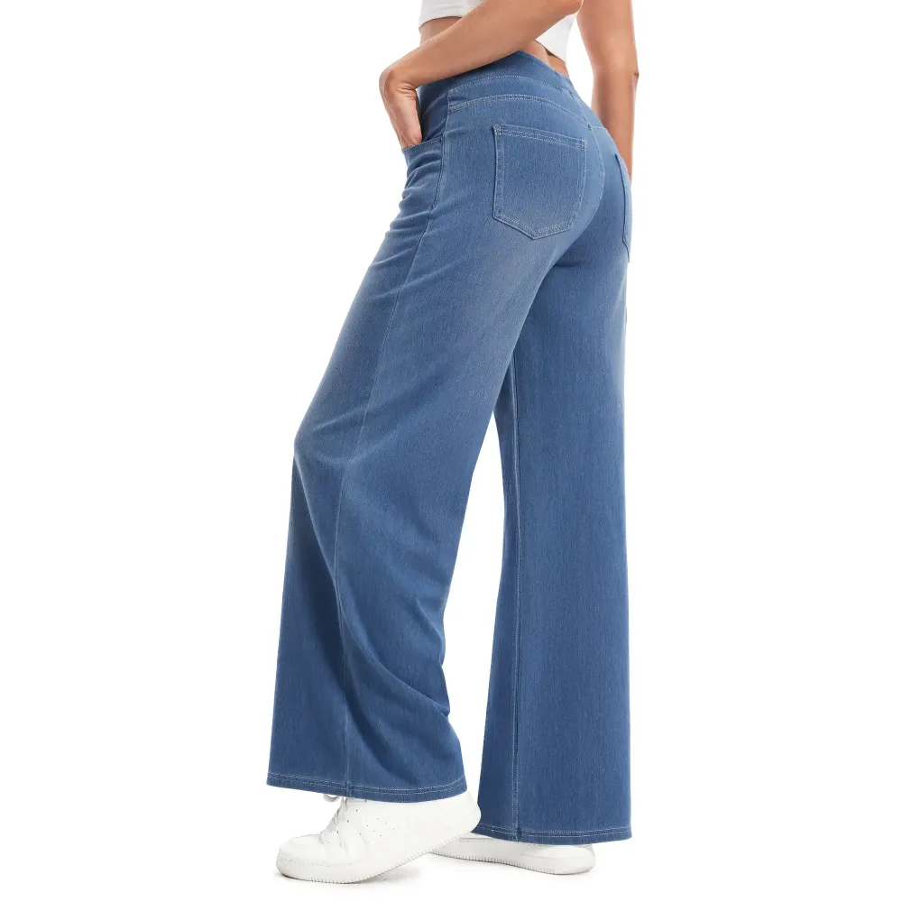 Wide Leg Stretchy Jeans for Women Loose Fit Elastic High Waist Pants