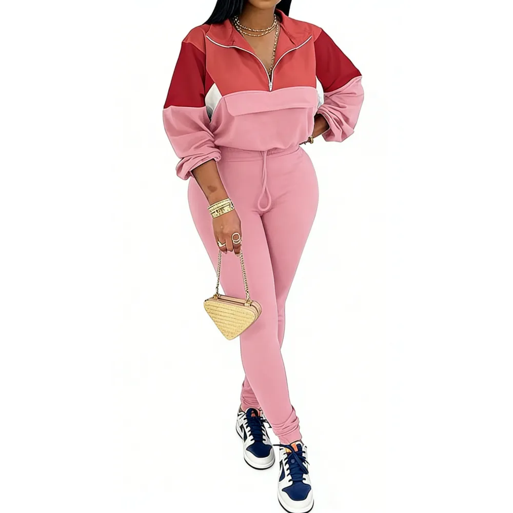 Women's Colorblock 2-Piece Knit Zip Jacket Elastic Waist Tracksuit