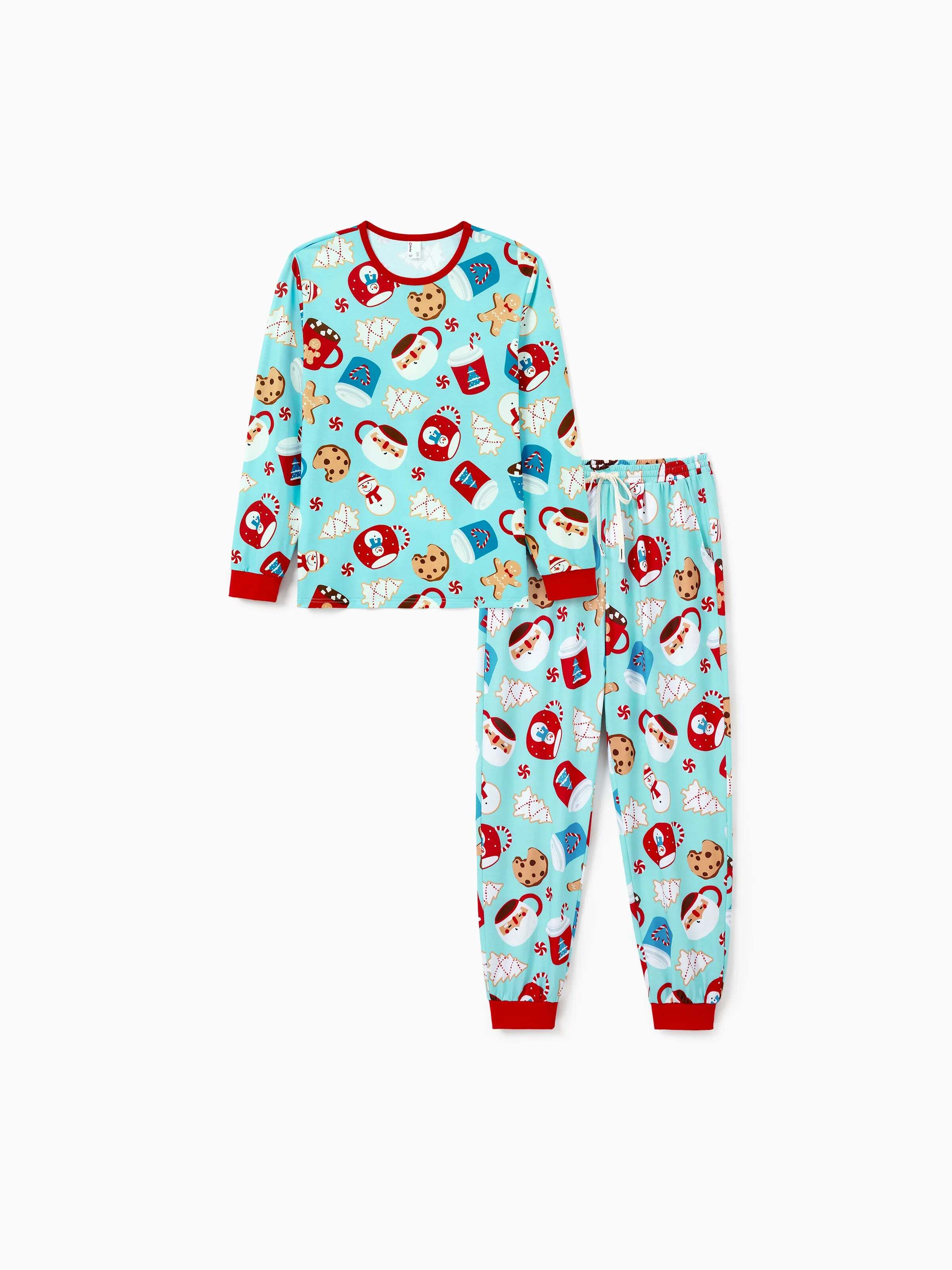 Christmas Matching Family Pajamas Set Gingerbread Print Blue and Red PJS with Christmas Socks Light Blue