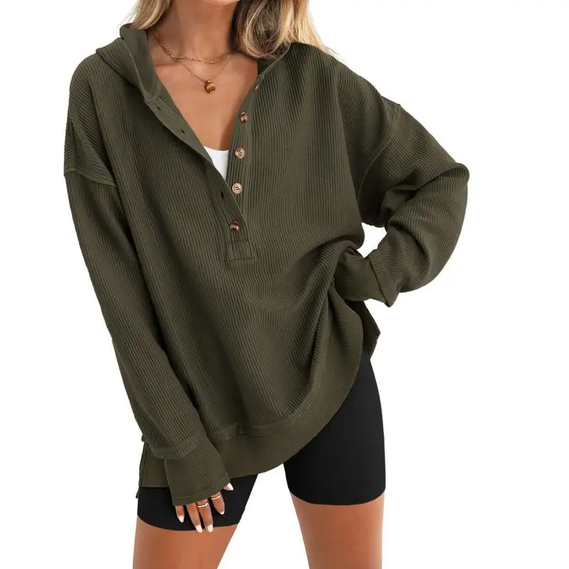 Womens Oversized Button Up V Neck Sweatshirt