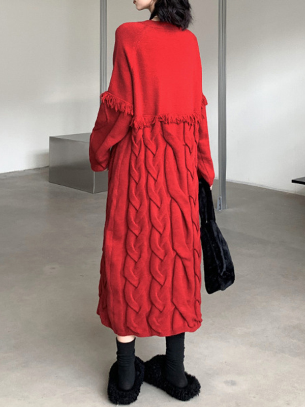 Solid Color Split-Joint Tasseled Long Sleeves Loose V-Neck Sweater Dresses Midi Dresses