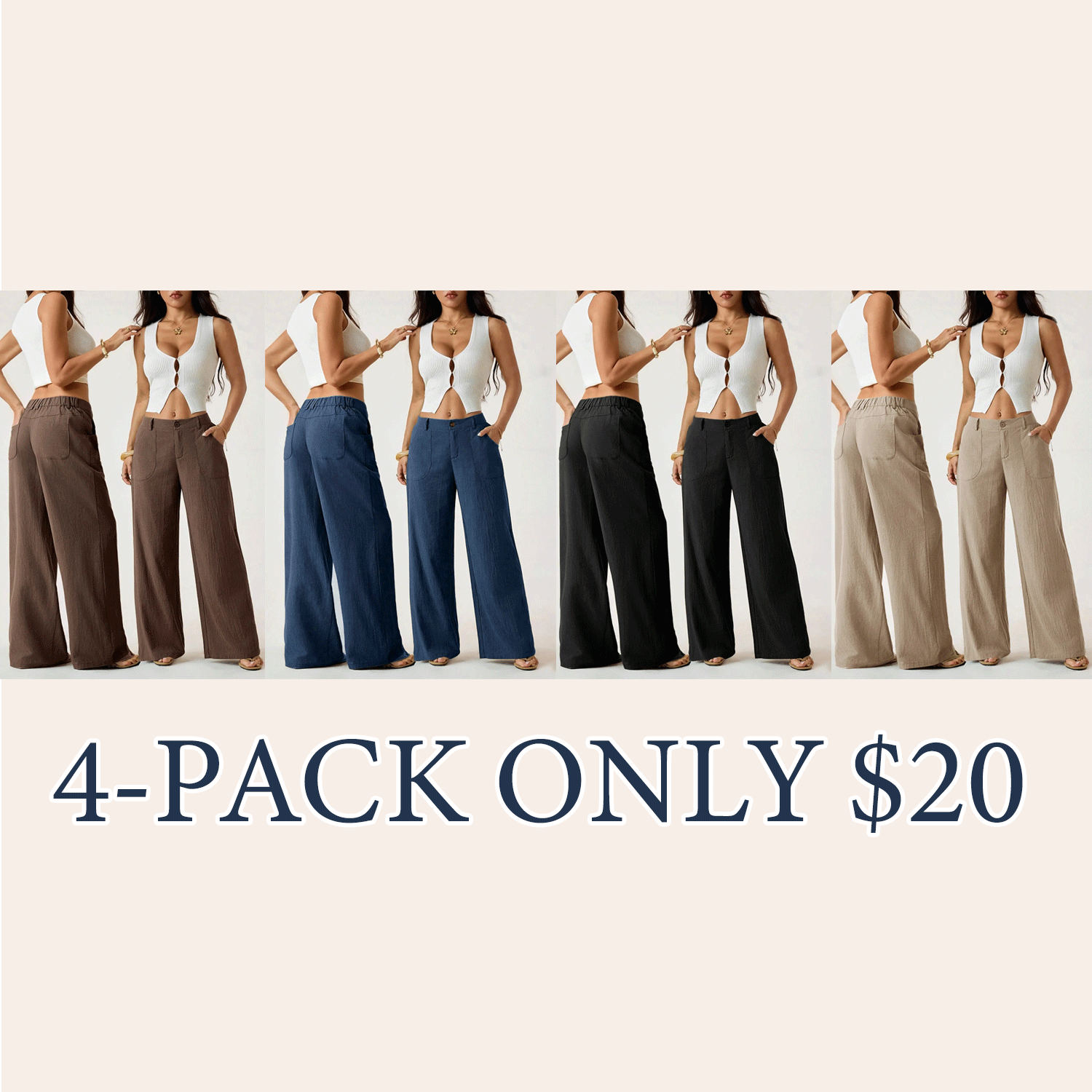 Women's Classical Linen Palazzo Pants Summer Flowy Wide Straight Leg Beach Trousers With Pocket