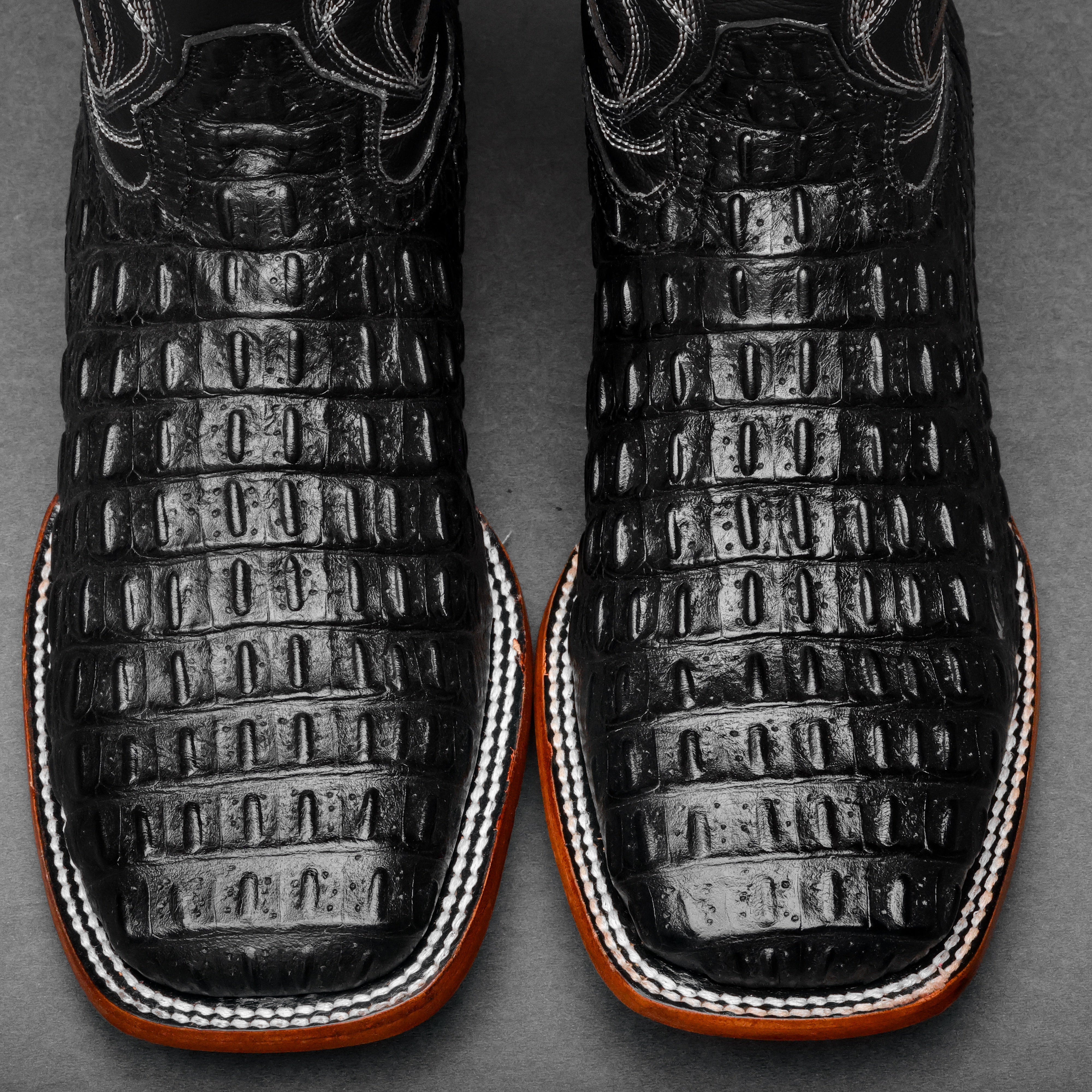 Black Caiman Hornback Leather Boots - Square Toe