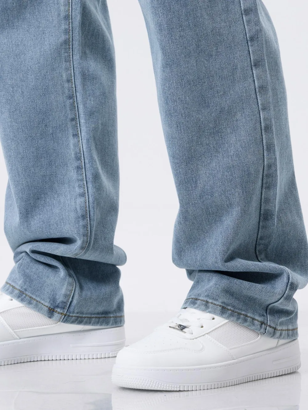 Men's Drawstring Elastic Waist Jeans, Washed Vintage Straight Leg Plain Denim Jeans