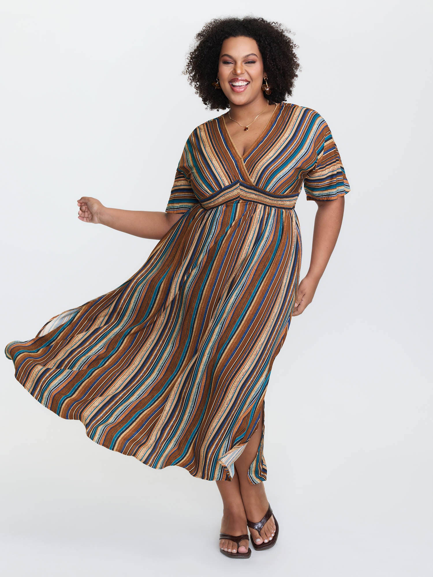 Striped Contrast Dolman Sleeve Shirred Pocket Split Flutter Dress