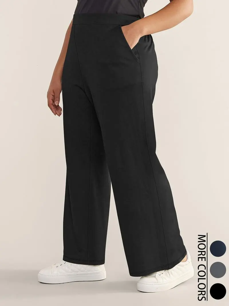 [Plus Size] Solid Color High Waist Straight Leg Pants, Casual Comfy Pocket Trousers for Daily Wear