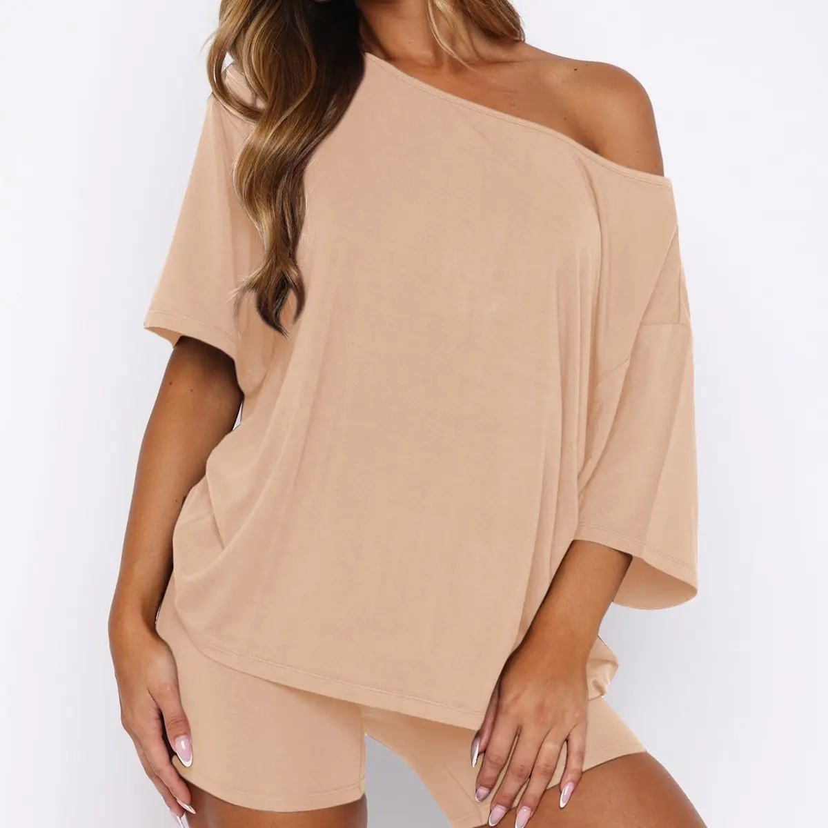 Women’s Casual Two Piece Lounge Set Off Shoulder Top & Fitted Shorts Springtok