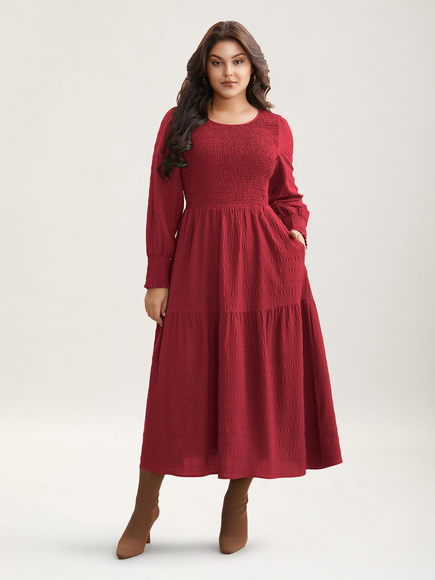 Plain Textured Shirred Midi Dress