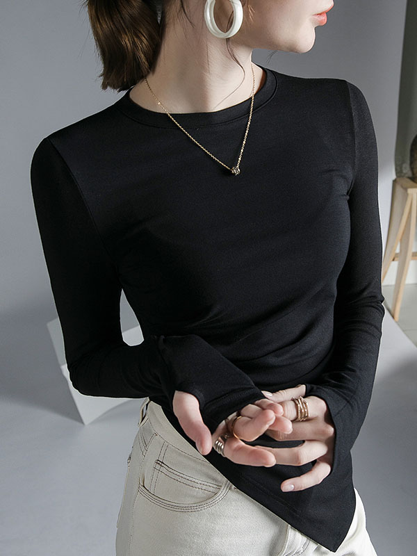 Asymmetric Pleated Solid Color Long Sleeves Skinny Round-Neck T-Shirts Tops