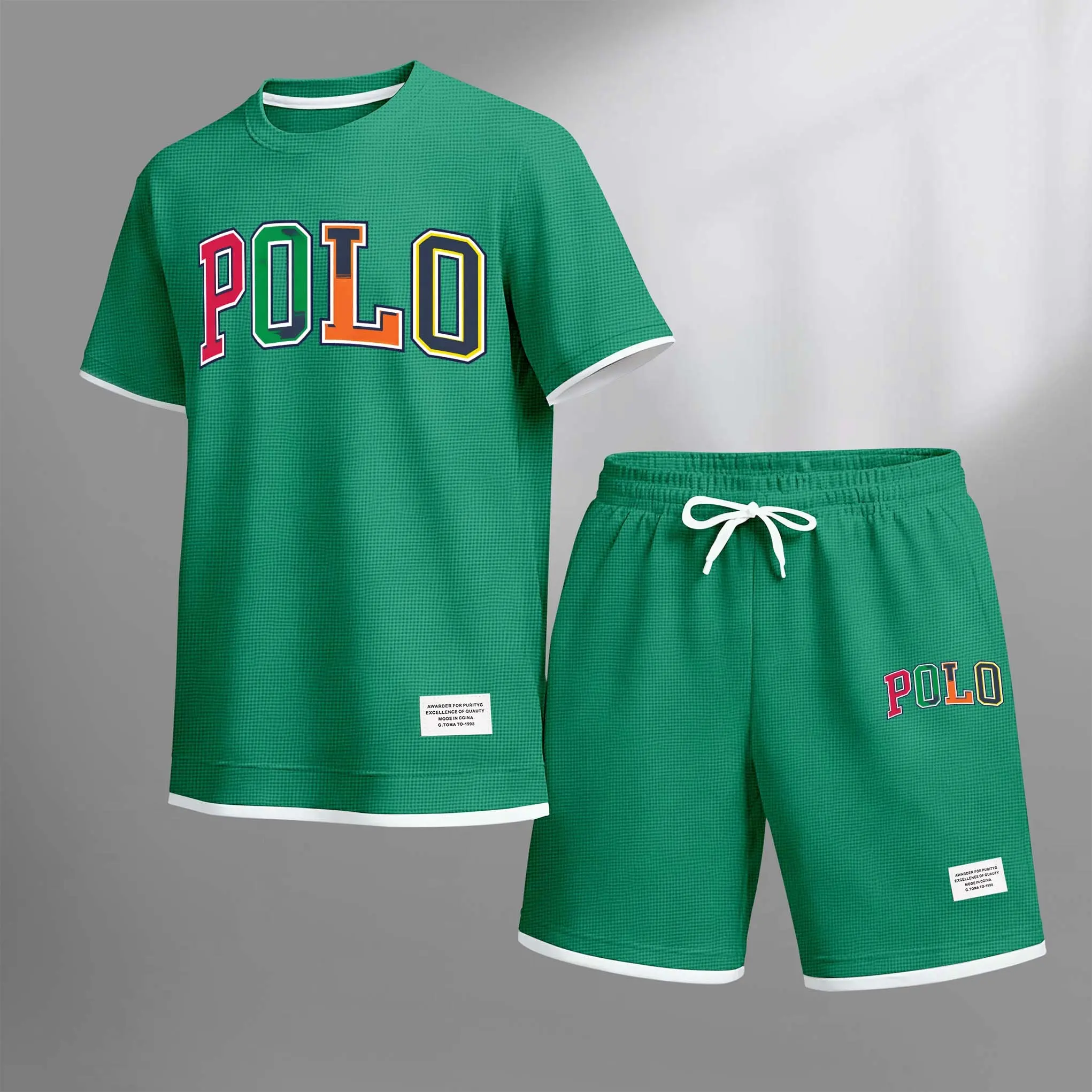 Men's Polo Print Drawstring Shorts Set For Spring/Summer