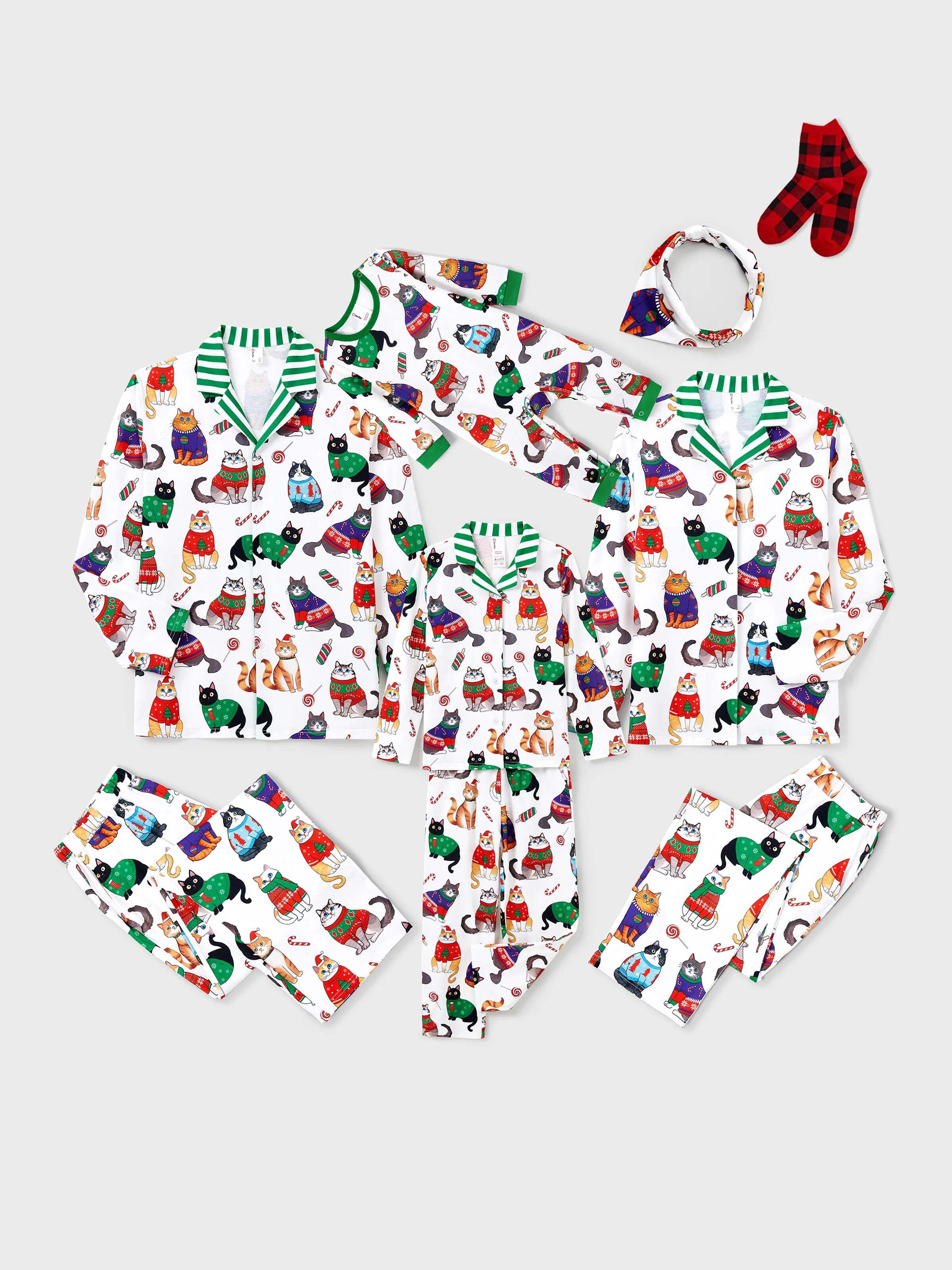 Christmas Matching Family Pajamas Set Christmas Cat Print PJS with Christmas Socks Multi-color