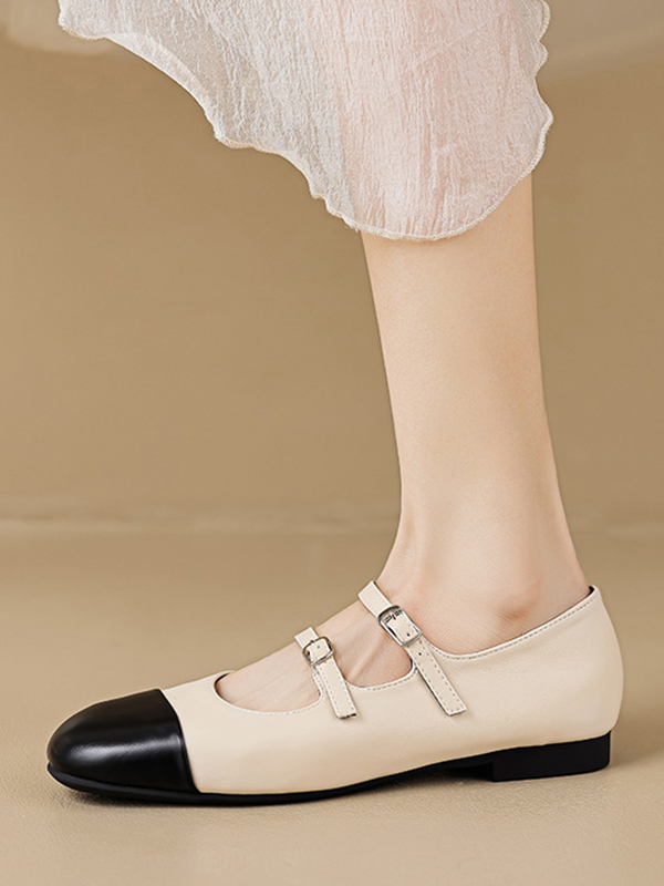 Belt Buckle Round-Toe Split-Joint Mary Janes Flat Shoes