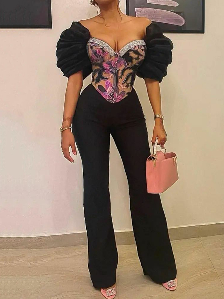 Stylish V-Neck Floral Printed Ruffled Split-Joint Straight Leg Jumpsuits