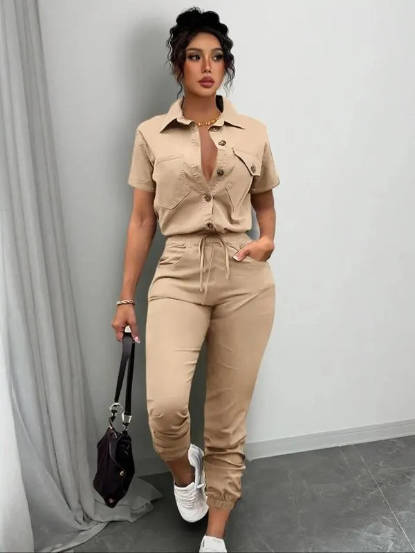 Women's Solid Button Front Pocket Jumpsuit, Casual Short Sleeve Jumpsuit for Daily Wear