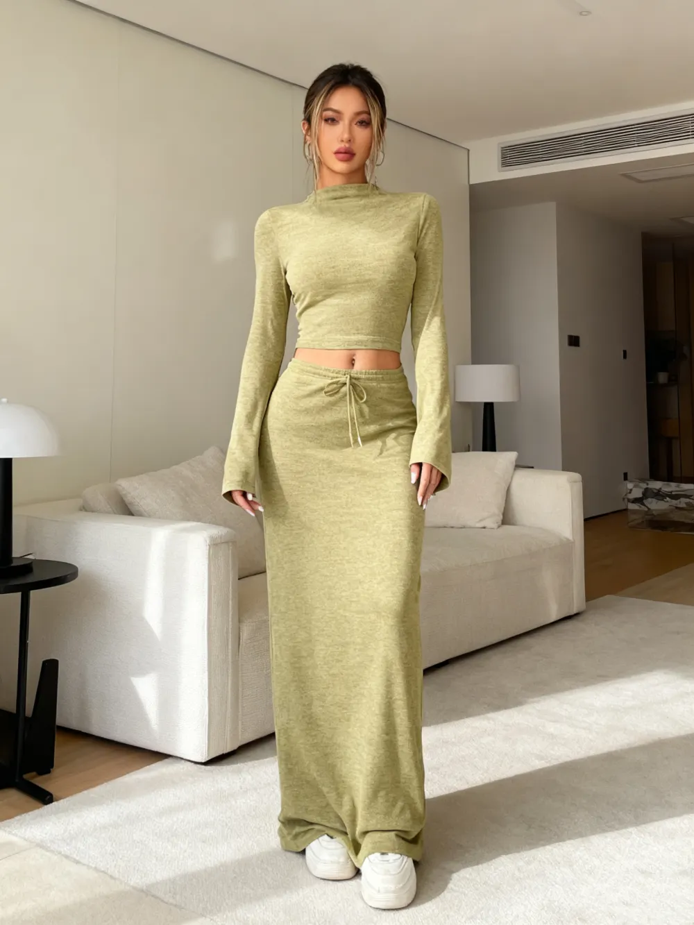 Women Flounce Sleeve Crop Tee Skirt Two-piece Set