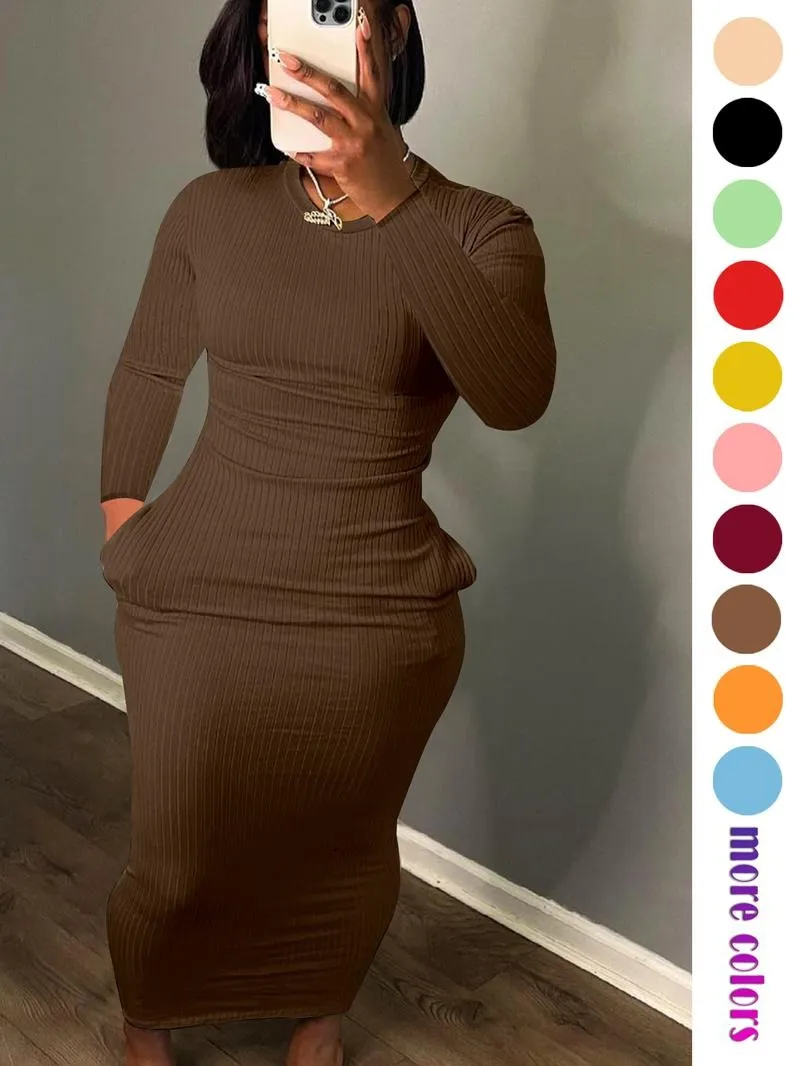 Women's Long Sleeve Pocket Dress, Breathable Elastic Multi-Color Party Casual Travel Pure Color Maxi Dress
