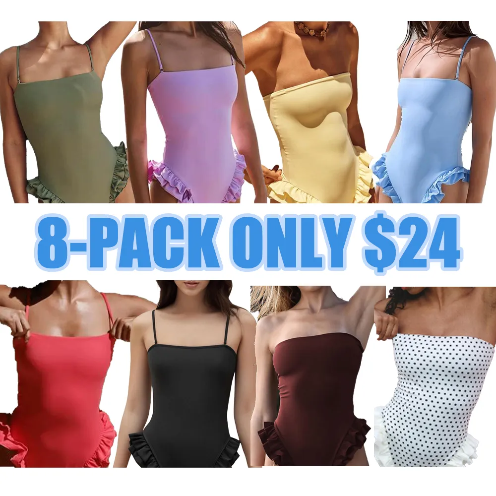 Ladies' thin shoulder straps square neckline ruffled swimsuit