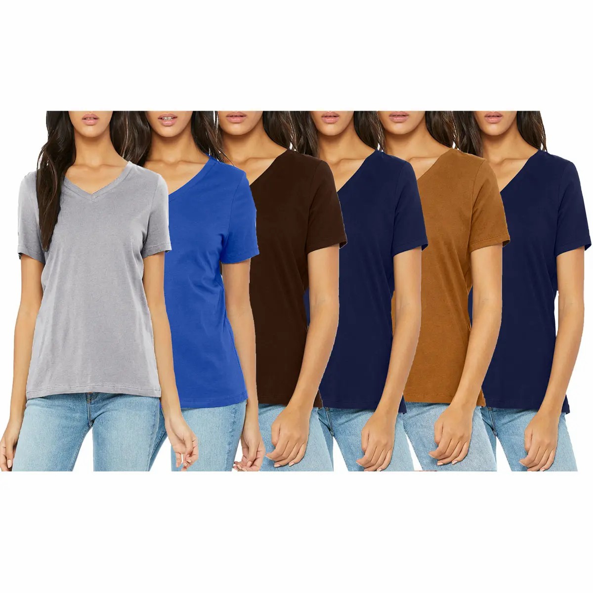 Women's 6-Pack Loose Fit Short Sleeve V-Neck & Crew Neck Classic Tee Summer Top