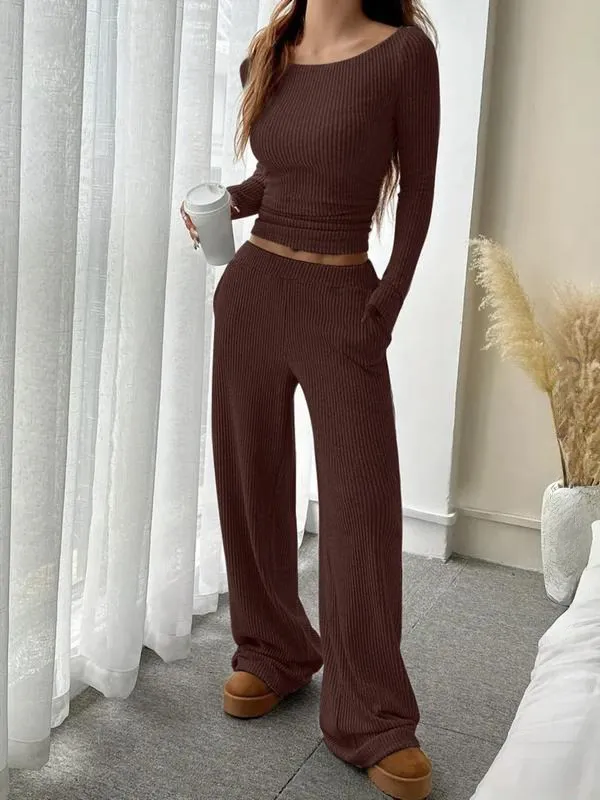 Women's Casual Striped Long Sleeve Top & Loose Pocket Pants Set