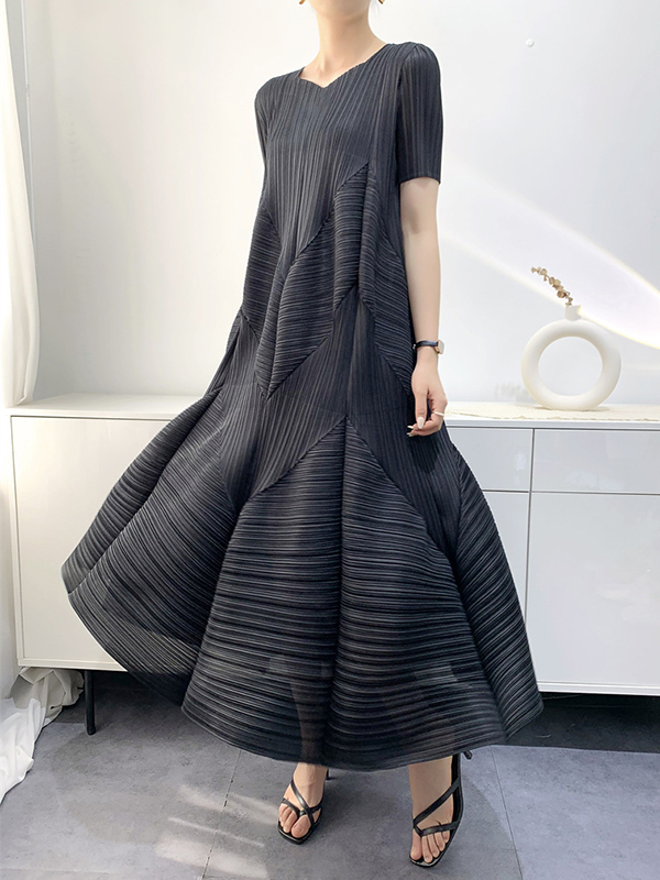 Pleated Solid Color Split-Joint Loose Short Sleeves V-Neck Midi Dresses