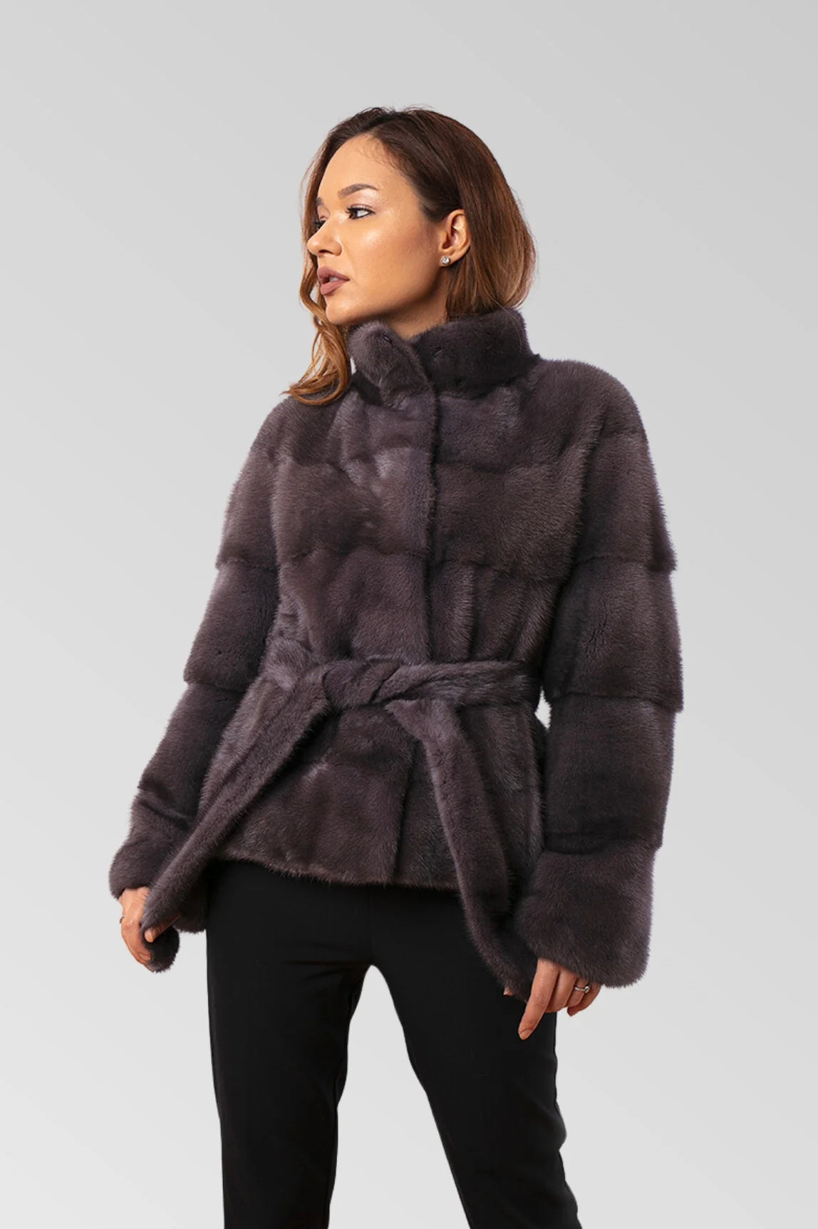 Haină din Blană Naturală de Vizon, cu Cordon, Femei, Graphite 190