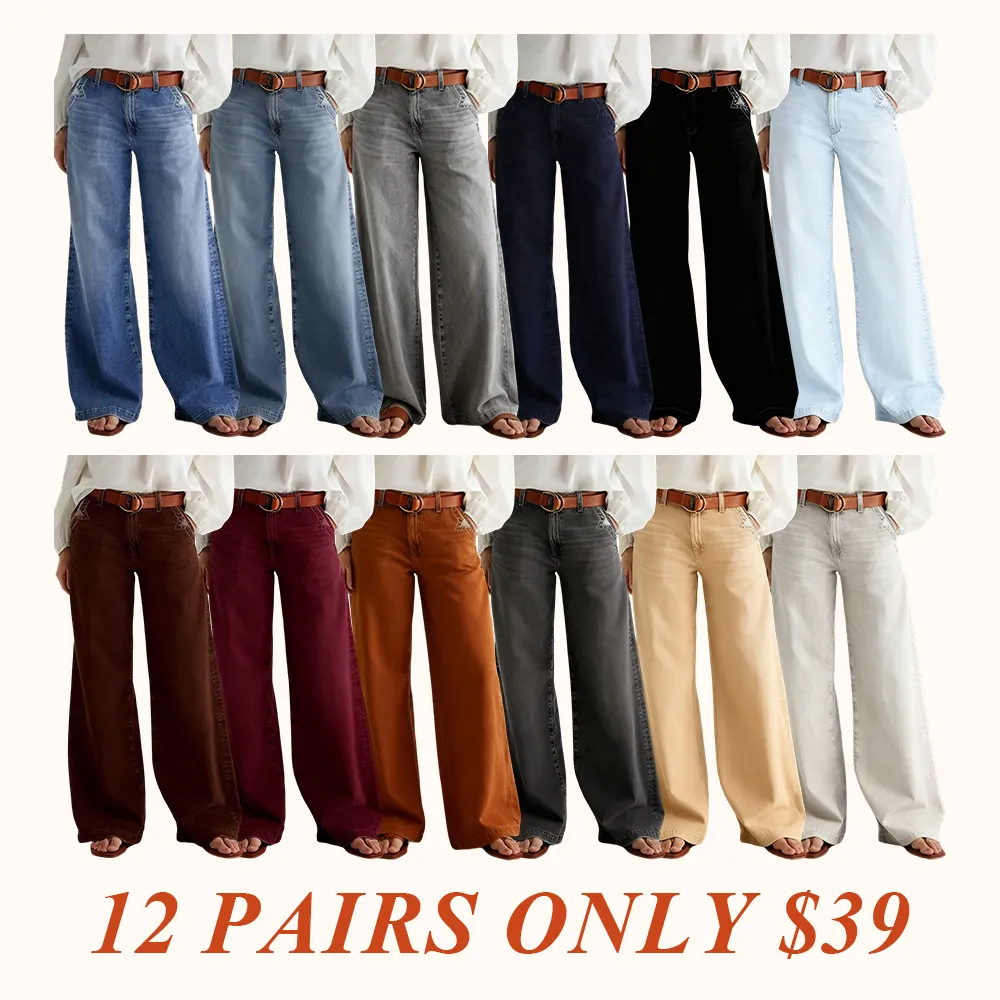 Women's Denim Wide Leg Pants with Pocket Patches, Casual Loose Fit Jeans for Daily Wear