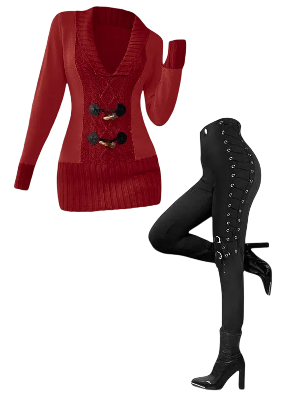 Women's suit: faux horn button sweater and loop-buttoned leggings