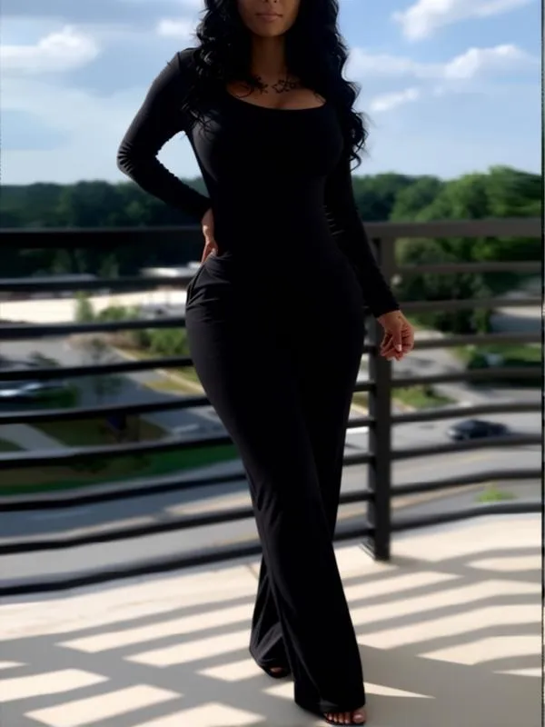 Women's Sexy Plain Long Sleeve Jumpsuit, Fall & Winter Fashion