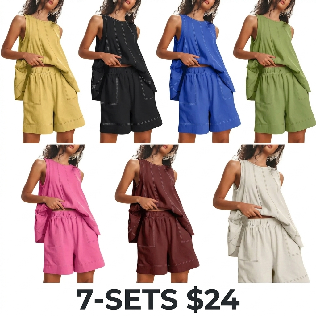Womens 2 Piece Outfits Sleeveless Matching Sets A Line Tank Tops Contrast Stitching High Waist Shorts with Pockets