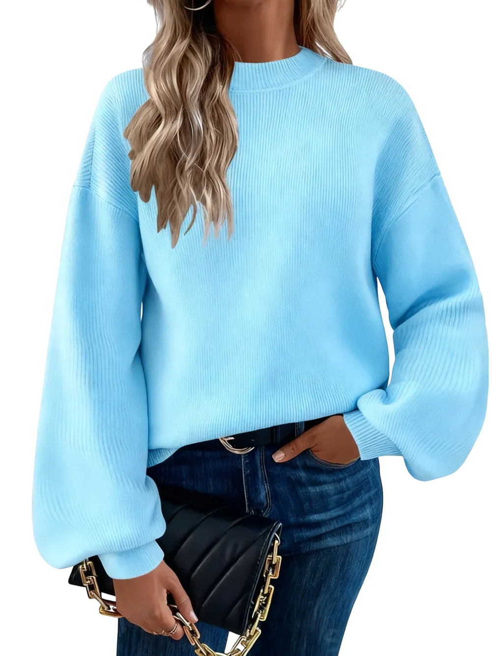 Women's high-neck long-sleeved loose lantern knit sweater