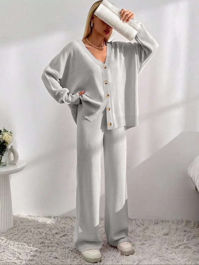 Women's Solid Button Front Drop Shoulder V Neck Cardigan & Elastic Waist Wide Leg Pants Two-piece Set, Matching Clothing Set