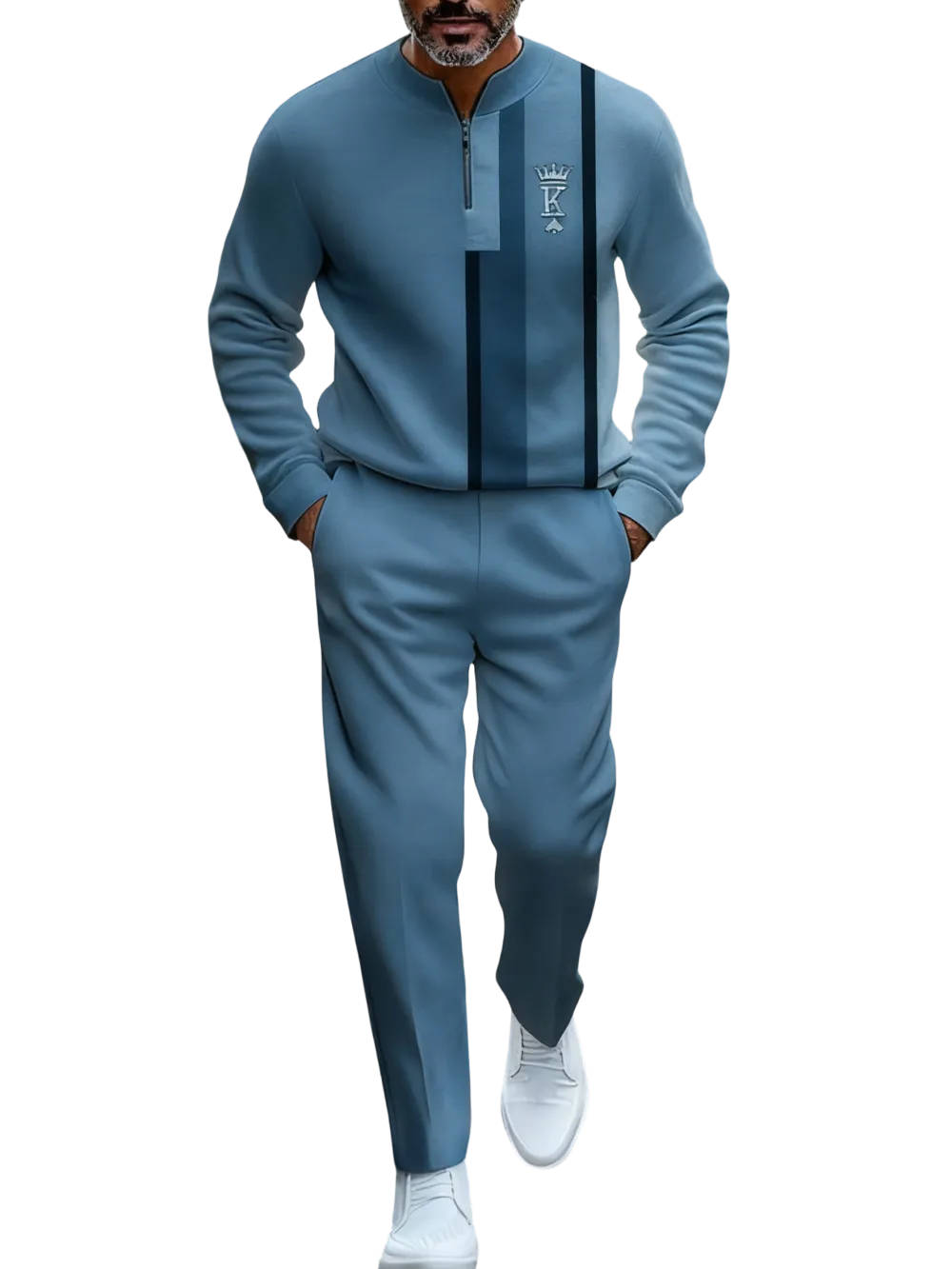 Men's Fashion New Retro Beige & Brown Block Semi-Cardigan Set