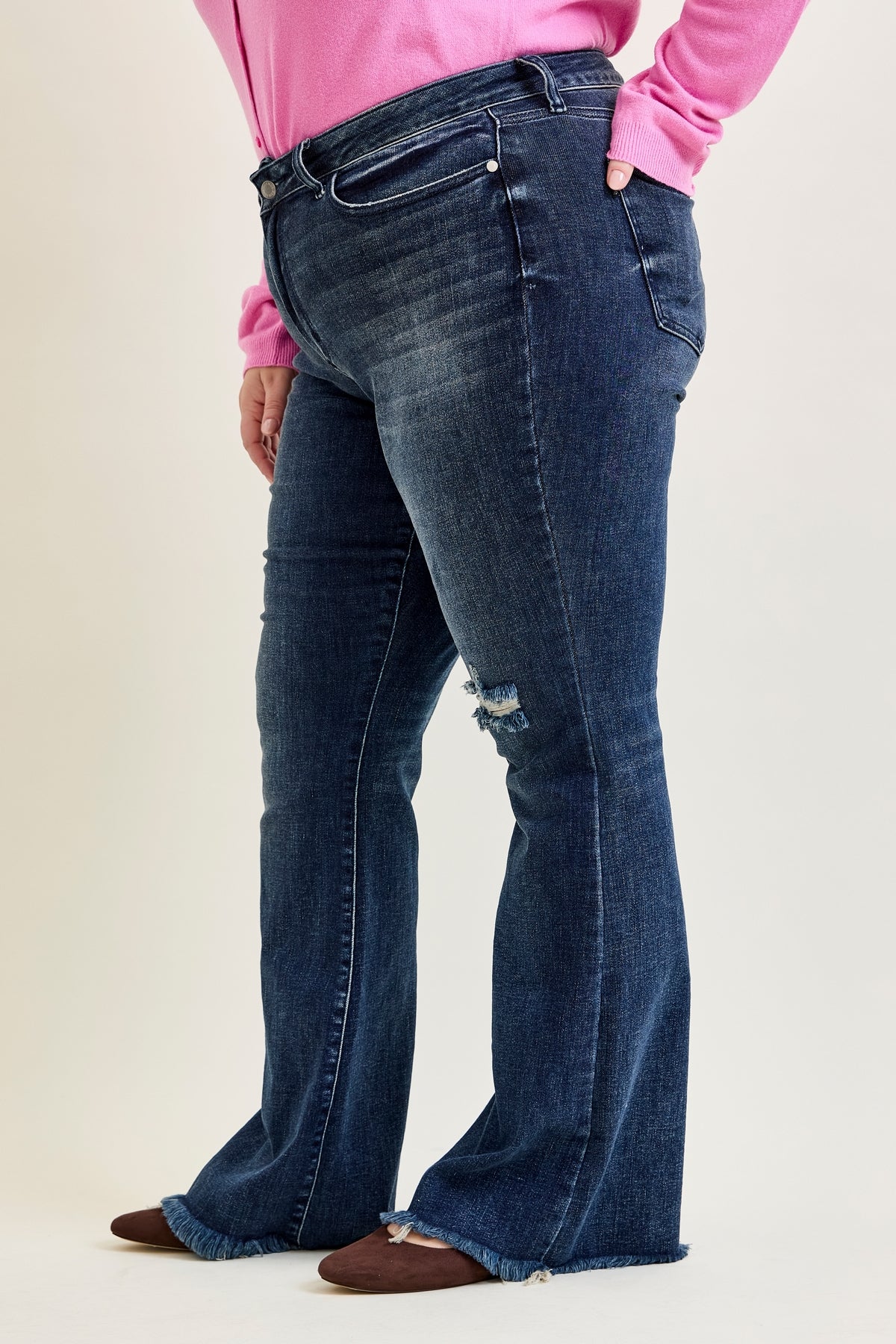 Amanda Mid Rise Flare Jeans with Distressed Knee & Frayed Hem - PLUS