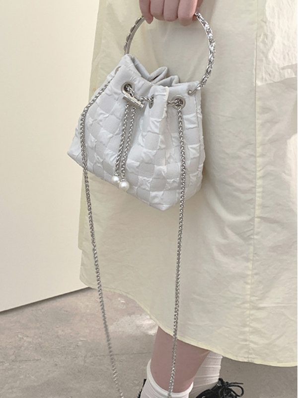 Urban Solid Color Checkered Chain Bucket Messenger Bags