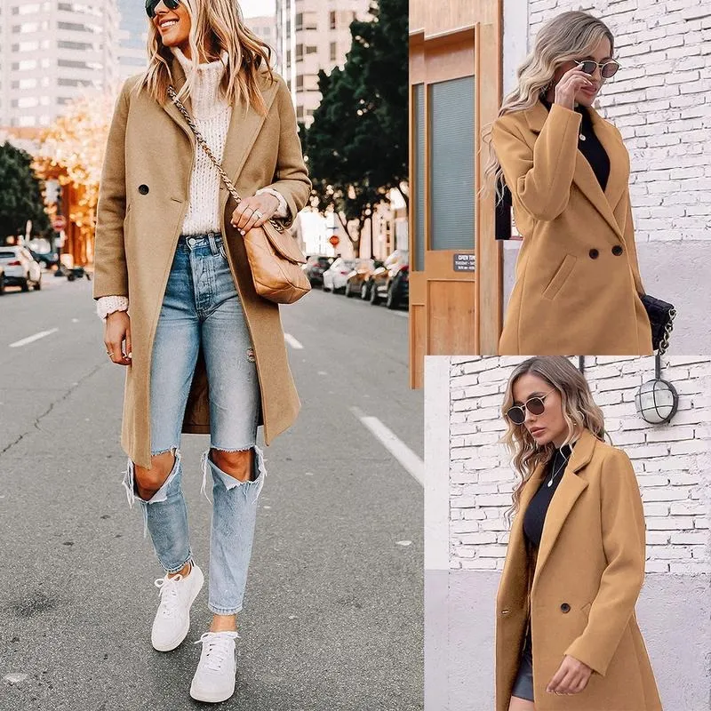 Women's Winter Notch Lapel Double Breasted Wool Blend Mid Long Pea Trench Coat