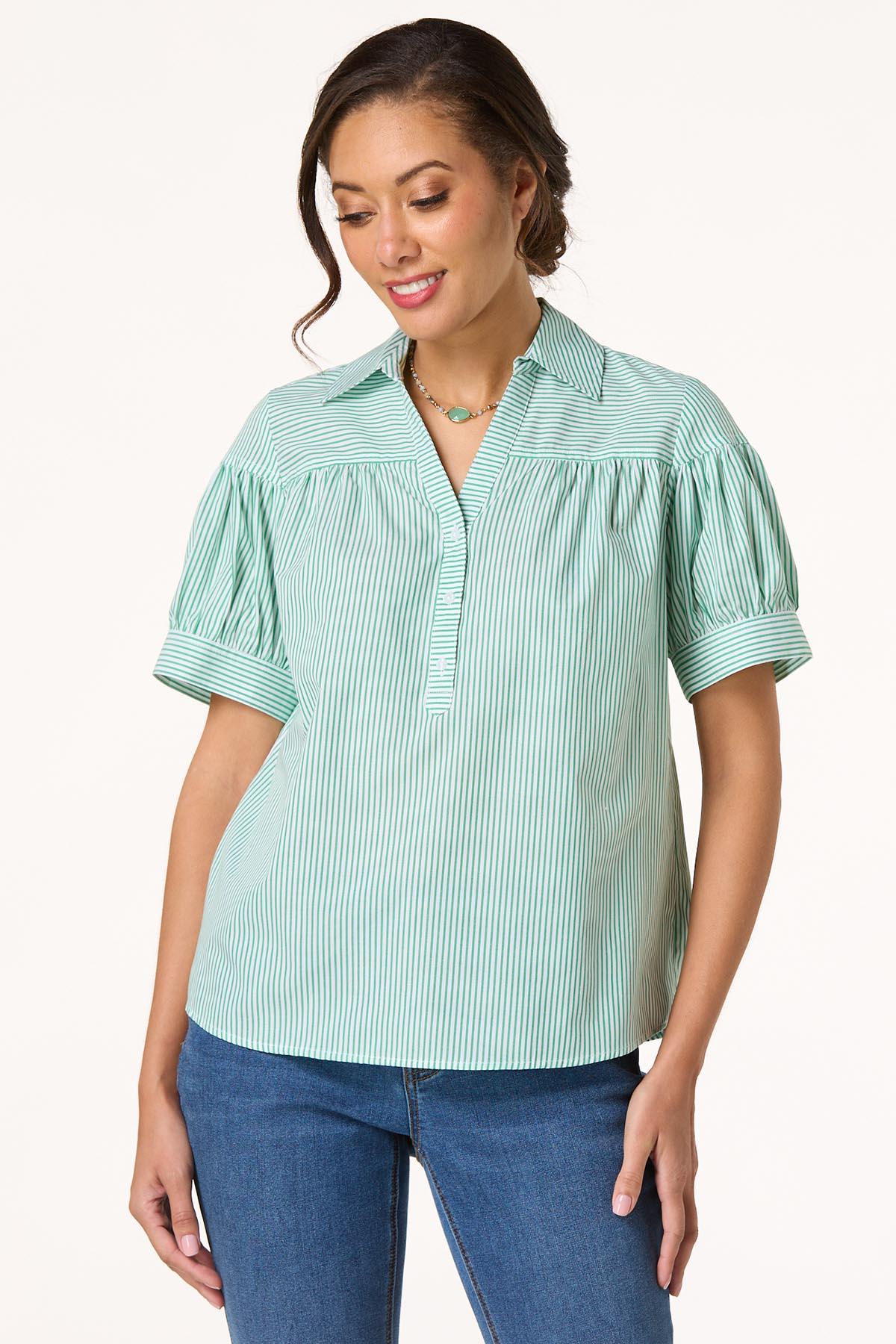 Green Pin Stripe Collared Top
