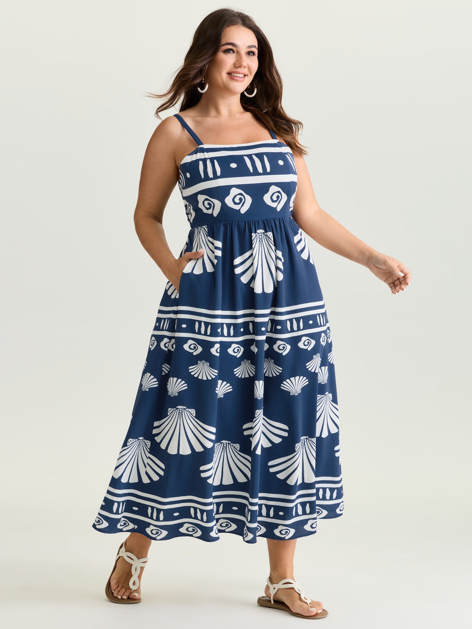 Seashell Print Wide Strap Flowy Maxi Dress