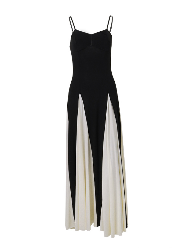 Backless Contrast Color Pleated Split-Joint High Waisted Sleeveless Spaghetti-Neck Maxi Dresses