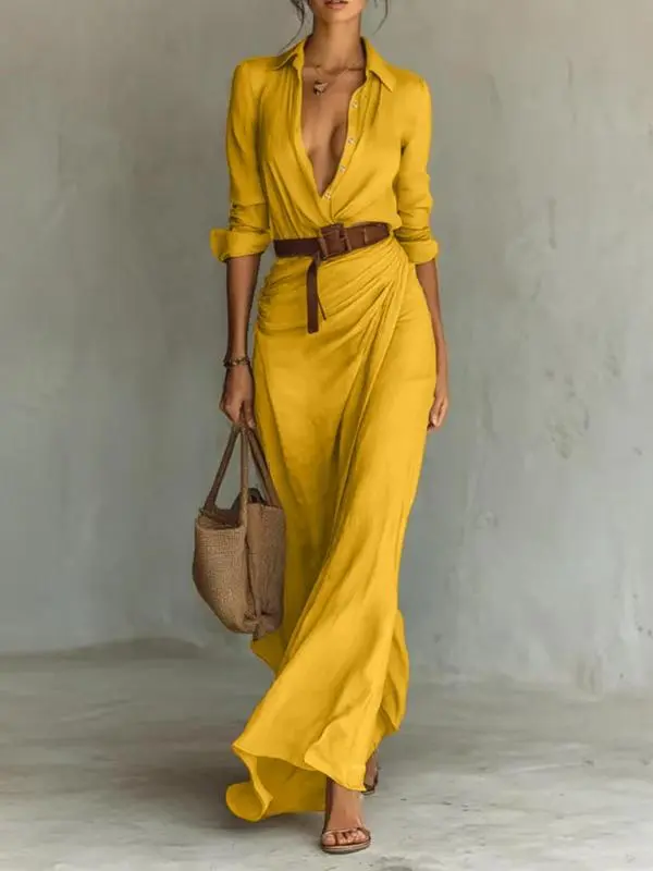 Elegant Autumn Dress for Women, Sexy Solid Color Ruched Design